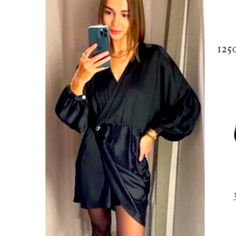 Zara SATIN EFFECT WRAP LONG SLEEVE MINI DRESS BLACK SIZE S NEW